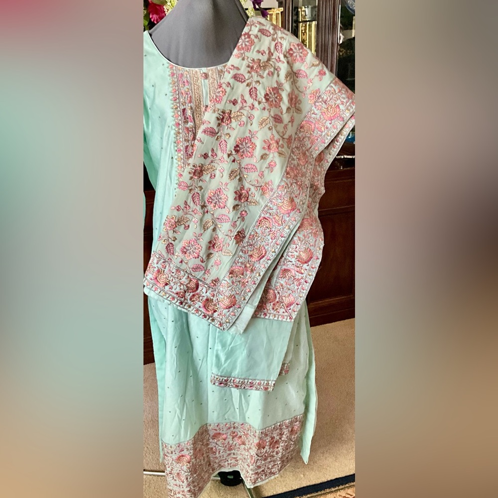 Embellished Mint Green 3 Piece Set Intricate Handmade Embroidery Including Gold